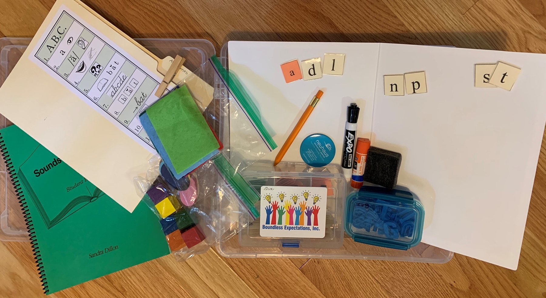 Structured literacy materials arranged for a multisensory reading lesson