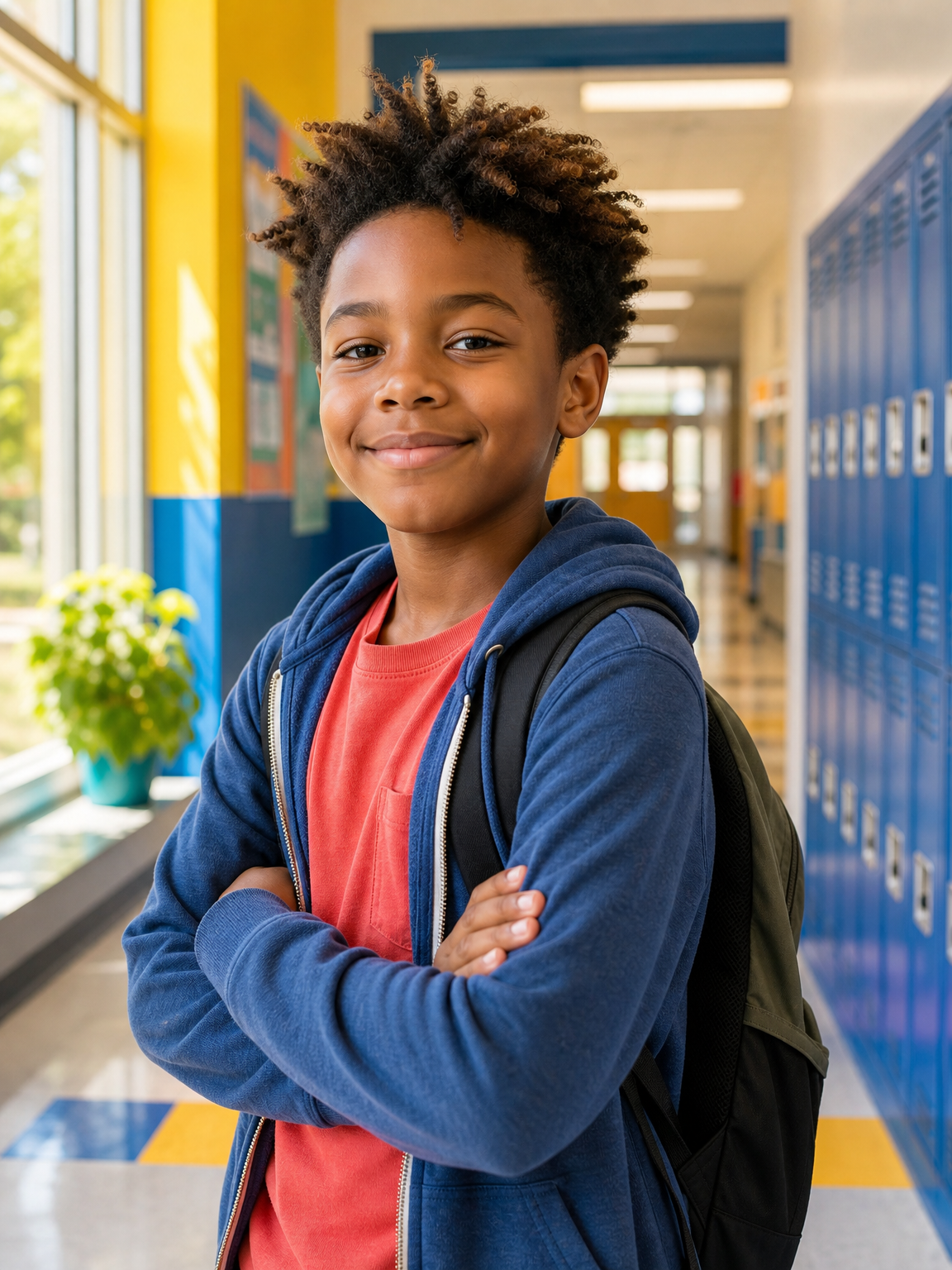 A confident student in a school setting